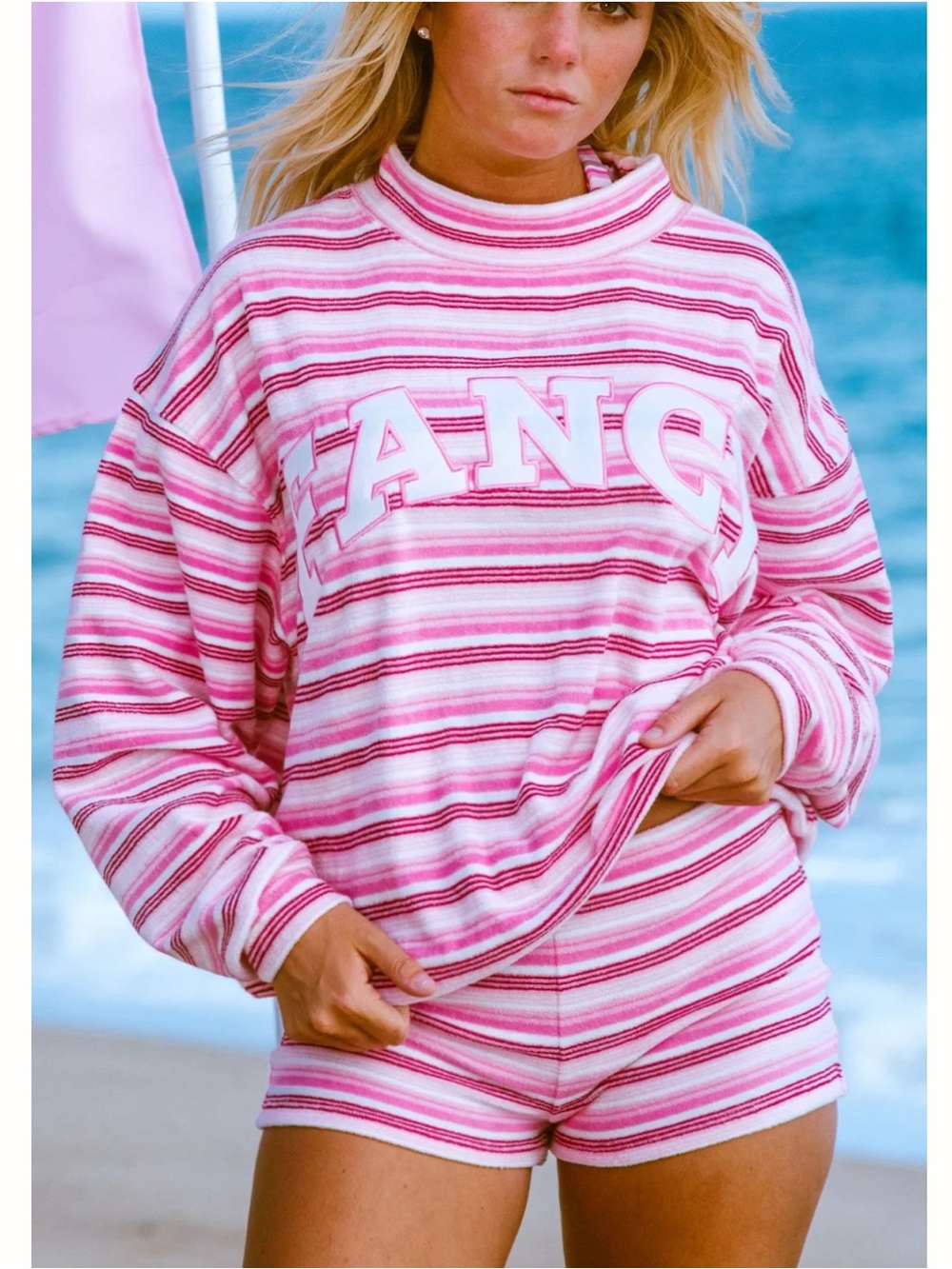 Shop Fancy Magenta/Pink stripe towel Terry Mockneck & mini shorts set New in bag